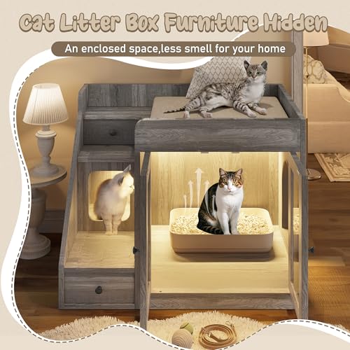 Merax Cat Litter Box Enclosure Furniture with Light,Hideaway Litter Box Furniture with 2 Storage Drawers for Living Room,Gray - color: Grey