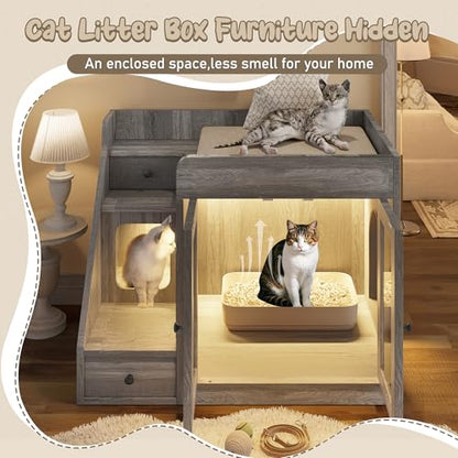Merax Cat Litter Box Enclosure Furniture with Light,Hideaway Litter Box Furniture with 2 Storage Drawers for Living Room,Gray - color: Grey