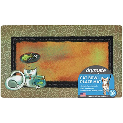 Drymate Cat Bowl Placemat, Pet Food Feeding Mat - Absorbent Fabric, Waterproof Backing, Slip-Resistant - Machine Washable/Durable (USA Made) (12” x 20”) (Fish Kitty) - color: Fish Kitty, size: Small (12" x 20")