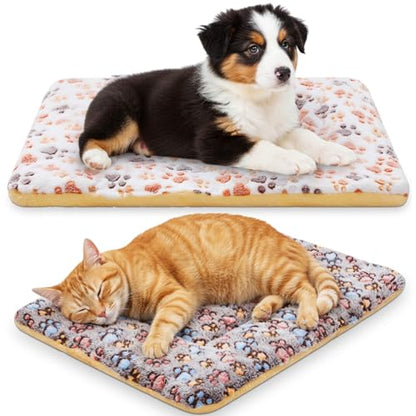 2 Pack Self Warming Cat Dog Bed Pet Mat 27" x 19" Soft Thermal Dog Pad with Cute Prints Reversible Washable Thickened Crate Mat for Indoor Outdoor Kittens Small Pets Feral(White;Brown) - color: White;Brown