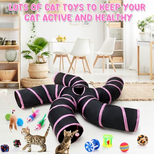 Poen 21 Pcs Cat Tunnel for Indoor Set Collapsible 5 Way Tubes with 20 Pcs Cat Kitten Toys Interactive Feather Toy Mouse Crinkle Balls Tube for Puppy Kitten Rabbit(Pink Black) - color: Pink Black
