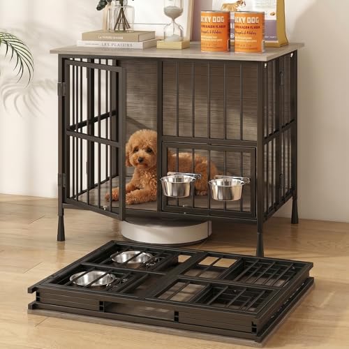 Hadulcet Foldable Dog Crate Furniture, 27.55” Small Indoor Dog Kennel with Storage Top, Wooden Dog Crate Table for Small to Medium Dogs (Up to 30 lbs), Furniture Style Dog Cage with 2 Bowls, Gray - color: Gray, size: 27.6"L x 20.1"W x 22.8"H