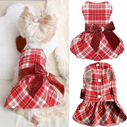 Dog Sweater Dress,Red Plaid Dog Dress Winter Clothes for Small Dogs Girl Fancy Sequin Puppy Fleece Lining Sweater Pet Coat Cat Apparel, XXS - color: Plaid Red, size: XX-Small (Chest 11.8 in)