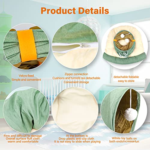 BWOGUE Bunny Tunnel Bed, 2-in-1 Collapsible Tunnel Tubes Toys with Removable Mat Hideout for Cats Kittens Rabbits Guinea Pigs Kitty - color: Green