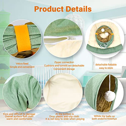 BWOGUE Bunny Tunnel Bed, 2-in-1 Collapsible Tunnel Tubes Toys with Removable Mat Hideout for Cats Kittens Rabbits Guinea Pigs Kitty - color: Green