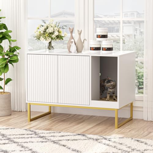 Cat Litter Box Enclosure, Fluted Hidden Litter Box Furniture with Scratch Pad and Metal Legs, Modern Enclosed Cat Cabinet, 31.5 x 17.7 x 21.7 Inches Indoor Pet House for Living Room, Washroom, White - color: White, size: 31.5”L x 17.7”W x 21.7”H