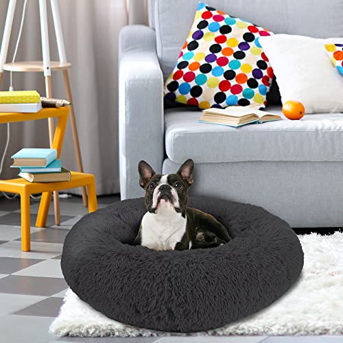 Arlee Donut Round Pet Dog Bed - Memory Foam - Calming Reduce Anxiety - Shaggy Vegan Fur - Assembled USA, Black - color: Black, size: Medium