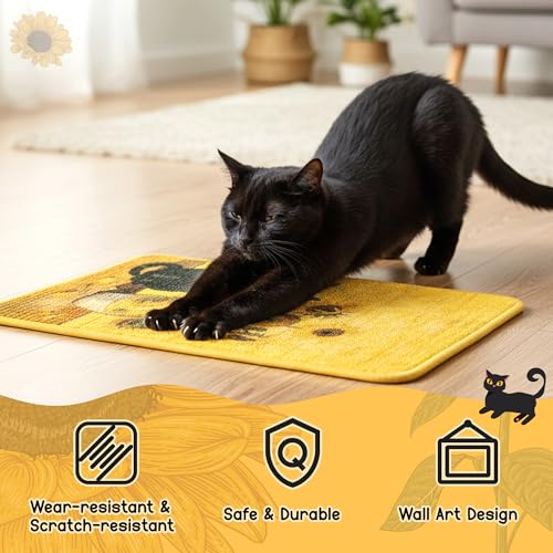 Sisal Cat Scratching Pad - Shedding-Resistant Wall Scratcher Mat for Indoor Cat, Kitten Art Print Sunflower Scratching Mats for Carpet Couch Furniture with Adhesive Hook Loop Tape(24*16in)