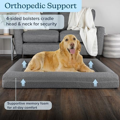Orthopedic Dog Bed - 45x36 Inch Large Dog Bed with Supportive Bolster, Nonslip Bottom, and Removable Washable Cover - Memory Foam Pet Beds for Large Dogs - Pet Products by PETMAKER (Gray) - size: Large