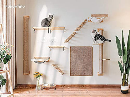 FUKUMARU Cat Activity Tree with Scratching Posts, Wall Mounted Jute Scratcher Pine Hammock