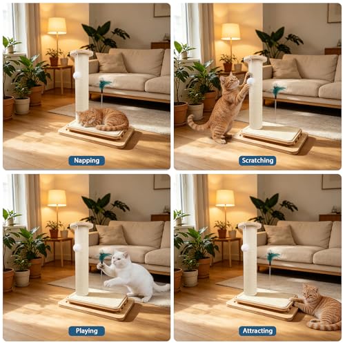 Cat Scratching Post, 5-in-1 Natural Sisal Cat Scratcher with Wood Base, Interactive Ball Track & Spring Feather Toy for Indoor Kittens Small Cats 18" - size: 18 inches