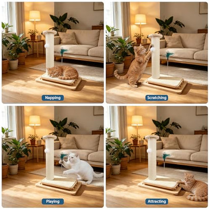 Cat Scratching Post, 5-in-1 Natural Sisal Cat Scratcher with Wood Base, Interactive Ball Track & Spring Feather Toy for Indoor Kittens Small Cats 18" - size: 18 inches