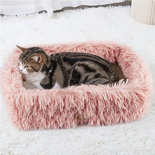 Fluffy Cat Scratcher Bed Box with Removable Cardboard, Corrugated Board Rectangular Cat Scratching Lounge, Pet Scratch Pad for Furniture Protection (Pink) - color: Pink