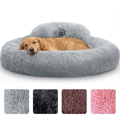 PetJett XL Dog Beds for Large Sized Dog - 45'' Extra Large Dog Bed, Anti-Slip & Washable Super Soft Round Donut Bed, Fluffy Faux Fur Anti-Anxiety Premium Comfort Pet Bed, Fits Dogs up to 120 lbs - color: Bright Grey, size: X-Large - 45"L x 45"W x 8"Th