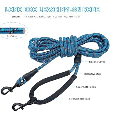 Long Dog Leash, 10/15/20/30/50FT Dog Training Leash with Soft Handle, Reflective Heavy Duty Rope Dog Lead for Medium Large Dogs Outside Play, Camping (3/8" x 20ft, Blue) - color: Blue, size: 20ft x 3/8inch