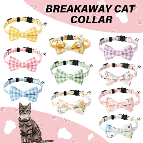 10 Pcs Spring Cat Collar Breakaway with Bow Tie and Bell Kitten Collars Removable Bowtie Plaid Flower Cat Collar for Cats Kittens Puppy (Flower) - color: Flower