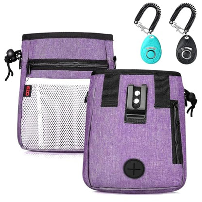 Dog Treat Pouch - 3 Ways to Wear Treat Pouches for Pet Training and 2 Pieces Clicker Taining for Dogs, Dog Training Treat Pouch Bag and Dog Clicker for Training with Waist Belt Shoulder Strap - Purple - color: Purple