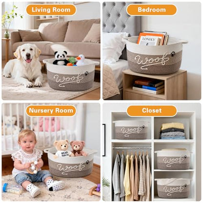 Woof Dog Toy Basket with Handles, Large Dog Toy Storage Bin with Paw Print, Woven Dog Basket for Blankets, Toys, Chews, Pet Toy Box for Nursery, Living Room, Bedroom, 17”x12”x9, Brown - color: Brown