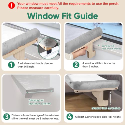 Cat Window Perch with Bolster, Large Hammock Bed for Indoor Cats, Solid Wood & Metal Frame Mounted Perch, Cozy Sunbathing Lounge Bed, 25” Wide (Grey Bed) - color: Gery