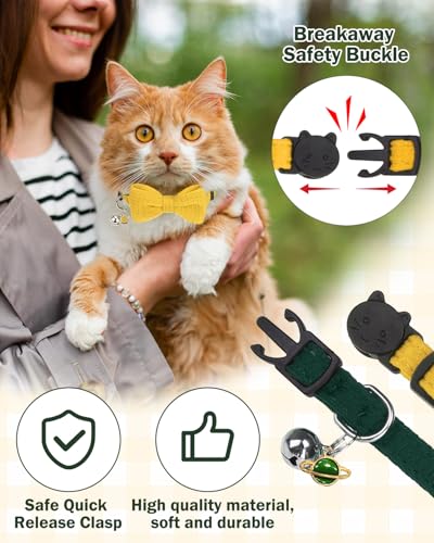 Cat Collar Breakaway with Bells, Soft Cotton Green Cat Bowtie Collar for Girl Boy Cats, Small Cats Collar with Bow for Spring Summer,2 Pack Cute Kitten Collars with Removable Bowtie 8-12Inch - color: Mustard Yellow + Forest Green