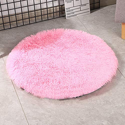 24 Inch Plush Dog Bed Mat Warm Fluffy Round Puppy Crate Pad with Anti-Slip Waterproof Bottom Soft Comfy Pet Kennel Mat for Small and Medium Dogs Sleeping(Pink) - color: Pink, size: 24 Inch