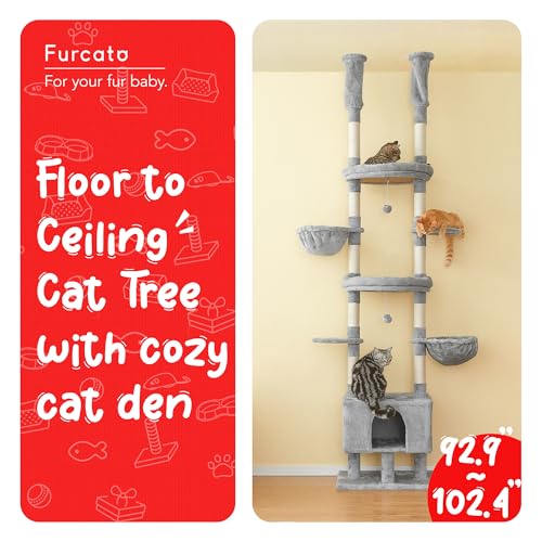 Cat Tree, Floor to Ceiling Cat Tower Adjustable Height [92.9-102.4 in=235-258cm], 7 Tiers Cat Climbing Play House with Scratching Post, Cozy Condo&Hammocks for Indoor Cats, Light Grey - color: Light Grey