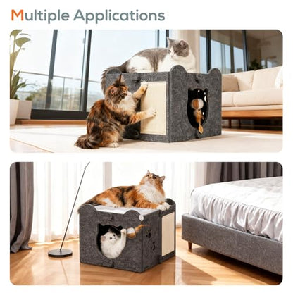 Yesday Detachable Felt Cat Bed Condo Shelter House for Indoor Use, Durable and Warm Flannel, Cozy Shelter with Built-in Scratching Board and Bonus Cat Toys (Black) - color: Black