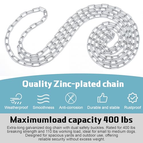 Frienda 30ft Galvanized Heavy Duty Dog Chain Tie Out Heavy Duty Chain 3mm Chew Proof with 2 Safety Clips Rust Resistant Outdoor Dog Leash for Yard Camping Hiking Park Travel 440lbs Break Strength
