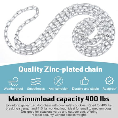 Frienda 30ft Galvanized Heavy Duty Dog Chain Tie Out Heavy Duty Chain 3mm Chew Proof with 2 Safety Clips Rust Resistant Outdoor Dog Leash for Yard Camping Hiking Park Travel 440lbs Break Strength