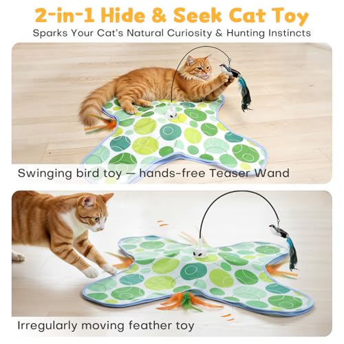 Interactive Cat Toys with Bird, Hide and Seek Cat Toy, 2 in 1 Automatic Moving Concealed Feathers for Indoor Cats, Non-Slip Suction, Touch Activated, USB Rechargeable, Green - color: Green-with Bird