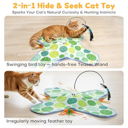 Interactive Cat Toys with Bird, Hide and Seek Cat Toy, 2 in 1 Automatic Moving Concealed Feathers for Indoor Cats, Non-Slip Suction, Touch Activated, USB Rechargeable, Green - color: Green-with Bird