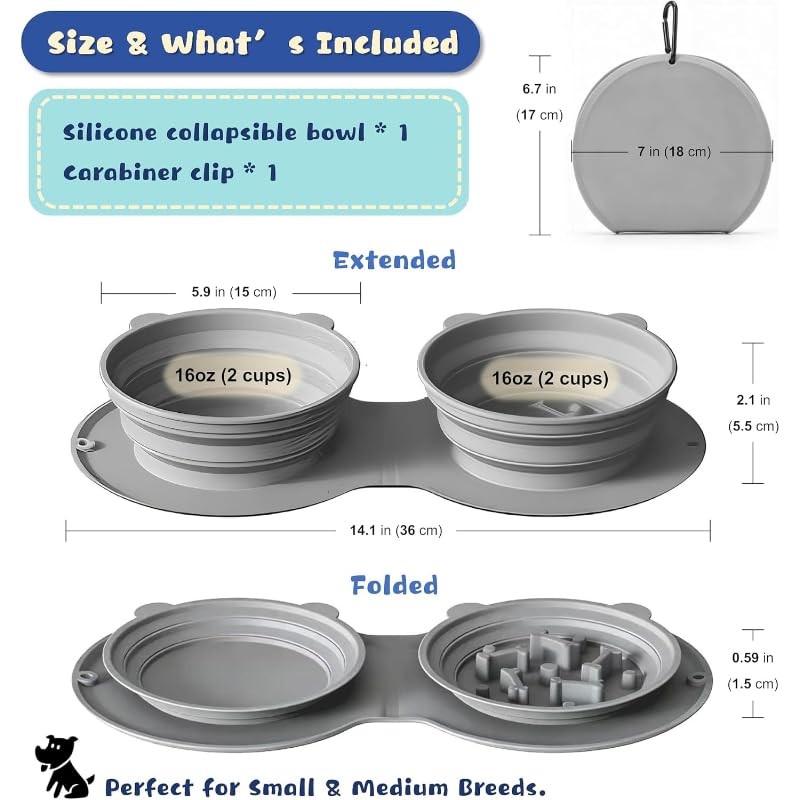 Silicone Collapsible Dog Bowl with Carabiner Clip, 2-in-1 Foldable Double Pet Food & Water Travel Bowl, Portable No-Spill Design for Walking Hiking Camping (Gray)