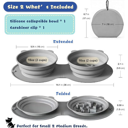 Silicone Collapsible Dog Bowl with Carabiner Clip, 2-in-1 Foldable Double Pet Food & Water Travel Bowl, Portable No-Spill Design for Walking Hiking Camping (Gray)
