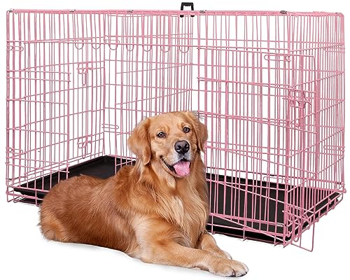 48 Inch Extra Large Dog Crates with Double Door,Divider Panel,Handle,Plastic Leak-Proof Pan Removable Tray,Folding XXL Metal Wire Dog Kennel Dog Crates for Medium to Large Dogs Indoor Outdoor,Pink - color: Pink, size: 48 inch