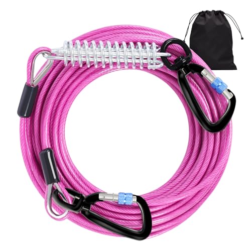 Dog Tie Out Cable 30FT-1000LBS Break Strength,Heavy Duty Dog Leads for Yard with Shock Absorbing Spring & Swivel Hook,Long Leash Cable for Outdoor Tethering,Dog Line for Small Large Dogs - color: Pink Mauve, size: 30FT