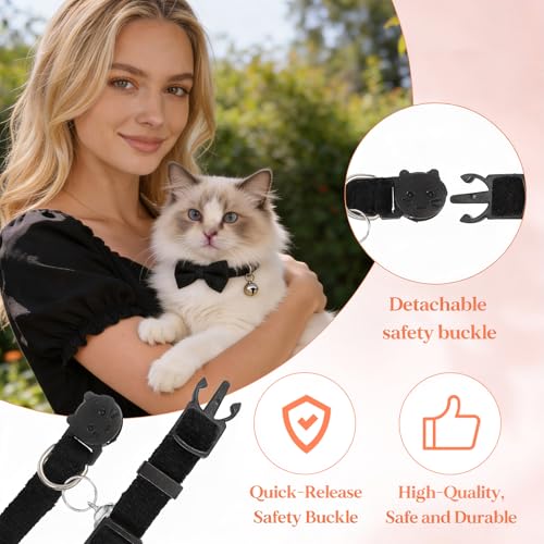 Velvet Cat Collar, Removable Kitten Bow Tie - Breakaway Cat Collar with Bell - Safety Buckle, Adjustable 7-11 Inches for Cats
