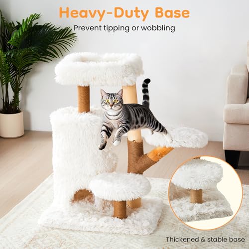 35-Inch Cat Tree for Indoor Cats, Multi-Level Tower with Sisal Posts, Dual Condos, Cushioned Perches & Removable Soft Cover, Natural Wood, Modern Cat Furniture for Large Cats, White - color: White Grey