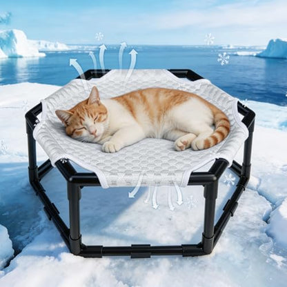Elevated Cat Cooling Hammock Bed, Hexagonal Raised Cat Cot with Breathable Ice Beanie Fabric and Anti Slip Block, Cooling Pad Mat Indoor Outdoor Stable Pet Swing Bed for Small Puppy, Gery - color: Gray