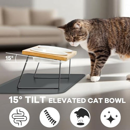 LEAWALK Upgraded Adjustable Height Cat Food Bowls Stand Ceramic Dog Bowls and Slow Feeder Cat Bowl, 15°Tilted Stand Anti Vomiting Raised for Small and Medium Sized Cats Dogs (Creamy White) - color: Creamy White