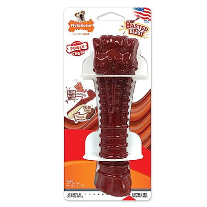 Nylabone Textured Bone Power Chew Toy for Dogs, Durable & Tough Dog Toys for Aggressive Chewers, Basted Blast Bacon and Steak Flavor, X-Large Dogs - 50+ lbs, 1 Count - size: X-Large