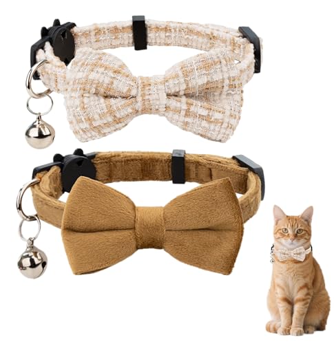 Cat Collar with Bow Tie 2pcs Set Bell Boy Girl Kitten Safety Plaid Grid Checkered Solid Color Suede Velvet Cute Soft Fluffy Gift B-[2pcs] Khaki - color: Style B-[2pcs] Khaki