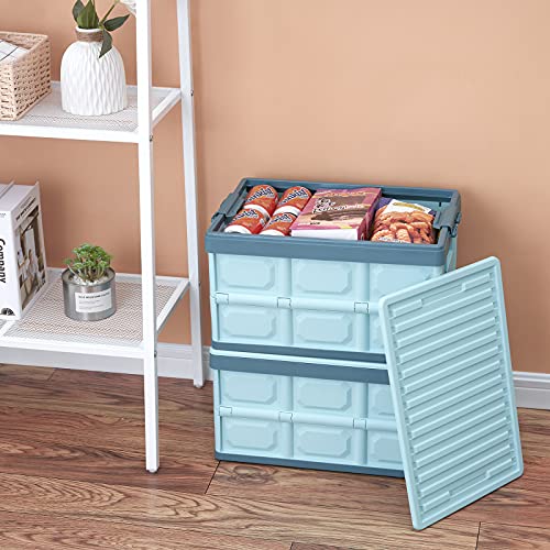 Blue Folding Plastic Stackable Utility Crates 2-Pack, Collapsible Storage Bins with Lids 30L, Durable Containers for Home & Garage Organization - color: Blue