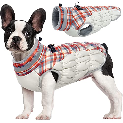 FUAMEY Dog Coat for Small Dogs,Waterproof Dog Winter Jacket with Harness Built in Puppy Cold Weather Coats Reflective Pet Vest with Zipper Warm Fleece Dogs Snowsuit Windproof Red Plaid XS - color: Red Plaid, size: XS(chest:14in)