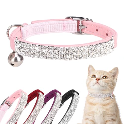 BINGPET Diamond Cat Collar with Bell, Adjustable Soft Velvet Bling Rhinestone Cat Collar, Sparkly Kitten Collar with Safety Elastic & Metal Buckle for Small Medium Cats - color: Pink(Rhinestones), size: Neck Girth 8"-10"