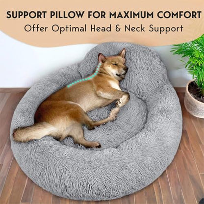PetJett Calming Dog Bed Medium Size Dog - 30'' Donut Bed, Washable Dog Bed - Anti-Slip Super Soft Fluffy Plush Round Bed, Anti-Anxiety Premium Comfort Pet Bed, Fits Dogs up to 45 lbs - Bright Grey - color: Bright Grey, size: Medium - 30”L x 30”W x 8”Th