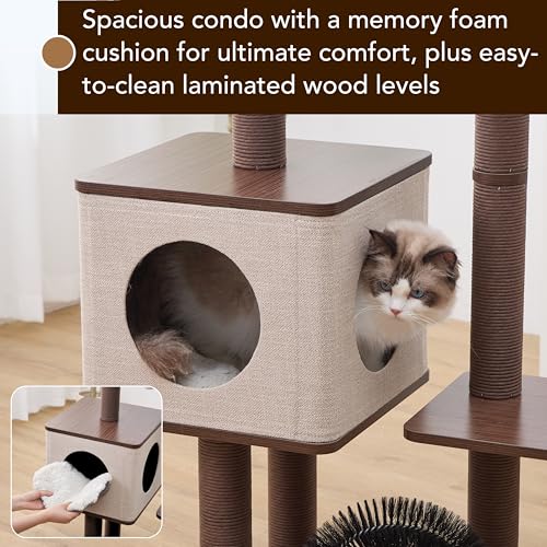 Petpals 4 Level 43" Minimalist Design Cat Tree with Wood Condo,Replaceable Paper Rope Scratching Posts,Full Body Bruch,Removeable and Washabel Bed (Brown and Beige) - color: Brown and Beige