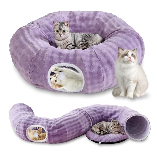 Bubble Cat Tunnel for Indoor Cats, Round Peekaboo Cave Toy with Dangling Balls, Donut Tunnel Bed with Circle Mat for Puppy Kitten Rabbit, Dusty Purple - color: Dusty Purple