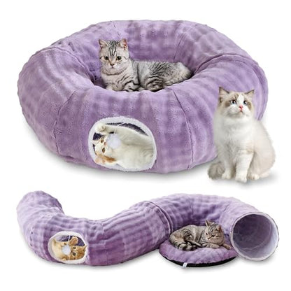 Bubble Cat Tunnel for Indoor Cats, Round Peekaboo Cave Toy with Dangling Balls, Donut Tunnel Bed with Circle Mat for Puppy Kitten Rabbit, Dusty Purple - color: Dusty Purple