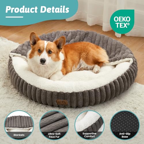 Dog Bed with Hooded Blanket, Round Fluffy Anti-Anxiety Pet Bed for Small Dogs & Medium Dogs, Cozy Donut Cuddler with Machine Washable Faux Fur & Anti-Slip Bottom(26"×26"×7",Grey) - color: Grey, size: 26"×26"×7"