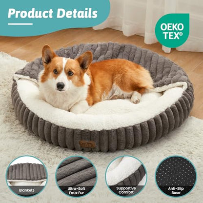 Dog Bed with Hooded Blanket, Round Fluffy Anti-Anxiety Pet Bed for Small Dogs & Medium Dogs, Cozy Donut Cuddler with Machine Washable Faux Fur & Anti-Slip Bottom(26"×26"×7",Grey) - color: Grey, size: 26"×26"×7"